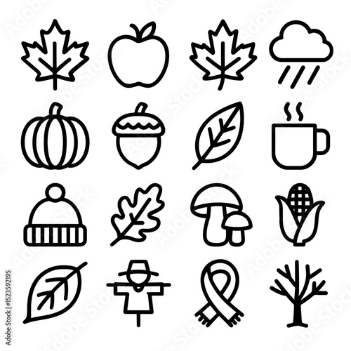 Outline Simple Autumn Element Icon Set With Maple Leaf, Pumpkin and Apple
