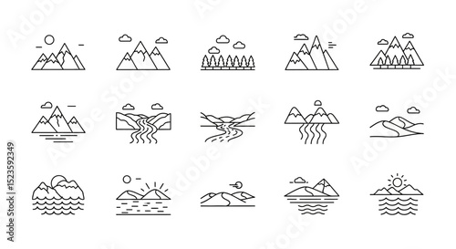 Minimalist Mountain and River Landscape Icons Line Art Vector Graphics