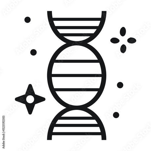 DNA chain icon with sparkles. Represents genetics, biology, science, medical research, and biotechnology. Black outline vector for scientific concepts.