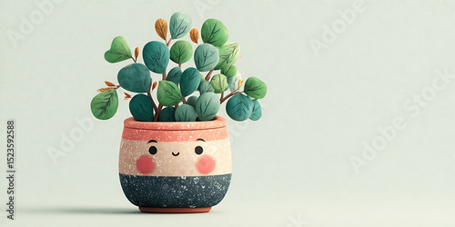 Cute Cartoon Plant Pot Whimsical Potted Plant with Green Leaves