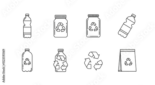 Recycle Icons Bottles, Jars, and Packaging - Line Art Graphics