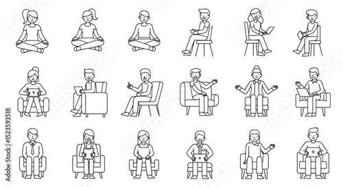 Line Art Illustrations Diverse People Sitting in Various Poses