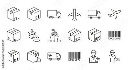 Isometric Delivery and Shipping Icons Truck, Plane, Box, Barcode, and More