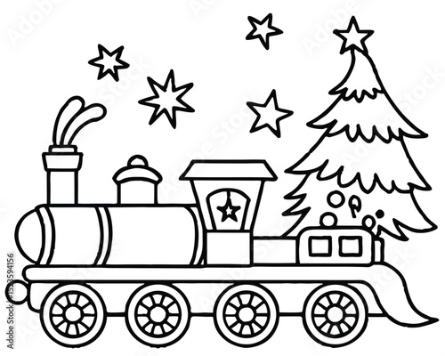 Christmas Train Coloring Page with Stars and Tree