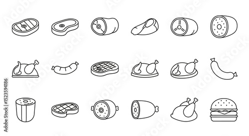 Collection of Line Art Meat Icons Steaks, Poultry, Sausages, and More