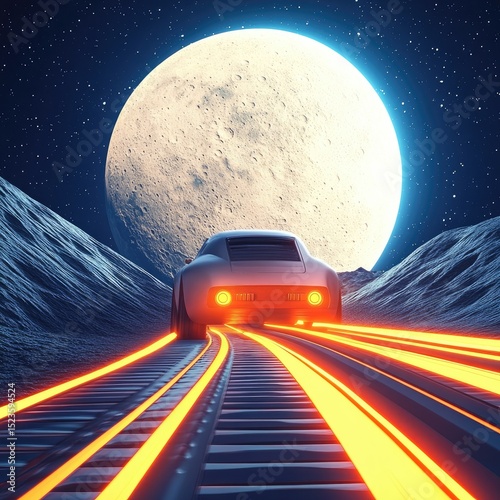 Futuristic car on moonlit track