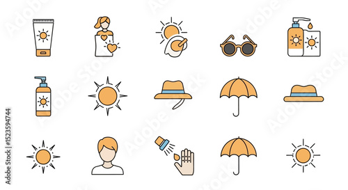 Summer Sun Protection Icons Sun, Sunscreen, Hats, Sunglasses, Umbrella