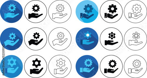 Various hand-holding gear icons representing service support concept for business and technology.