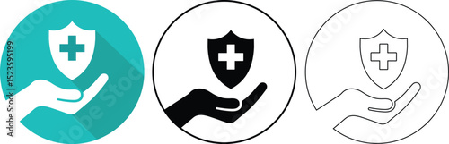 Health insurance medical shield with cross symbol held in open hand representing protection