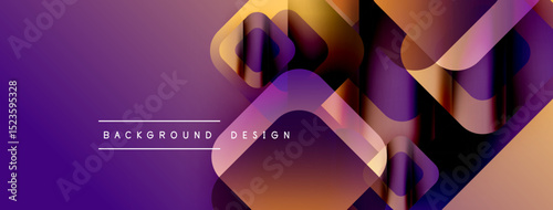 Abstract geometric shapes overlap, creating vibrant purple gradient background. Text reads background design. Modern, dynamic visual composition.