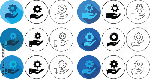 Collection of gear icons representing support settings assistance and technical maintenance options