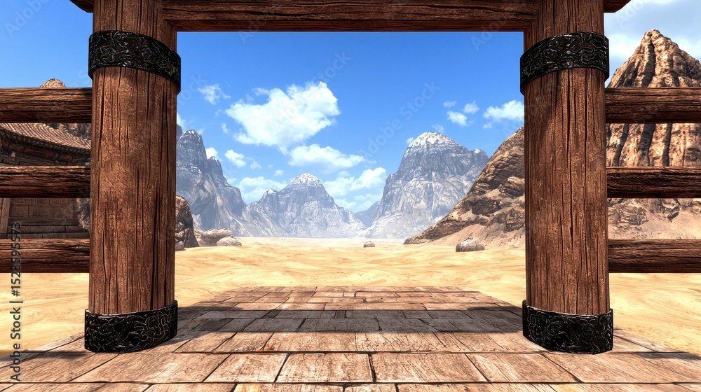 Wooden gate framing a desert landscape with rocky mountains under a partly cloudy sky. The scene is viewed from a wooden platform Wooden gate framing a desert landscape with rocky mountains under a partly cloudy sky. The scene is viewed from a wooden platform