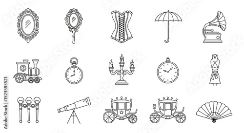 Vintage Line Art Icons Antique Objects and Victorian Era Illustrations