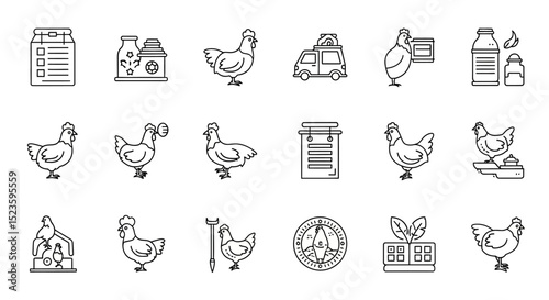 Chicken Farming Icons Line Art Illustrations for Agriculture, Poultry, and Food Industry Designs