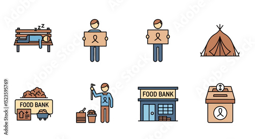 Homeless and Food Bank Icon Set Vector Illustrations for Charity and Donation Projects