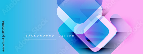 Abstract geometric shapes overlap. Blue, pink gradients create modern background. Text reads background design. Vibrant colors, smooth transitions present.