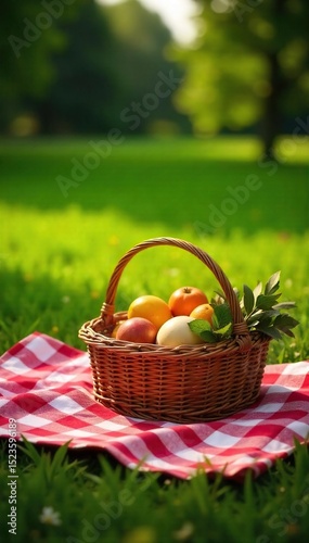 A checkered blanket spread on a sun-drenched grassy field, laden with a wicker basket overflowing with summer picnic delights Perfect for relaxation and outdoor enjoyment , feast, dessert, juice