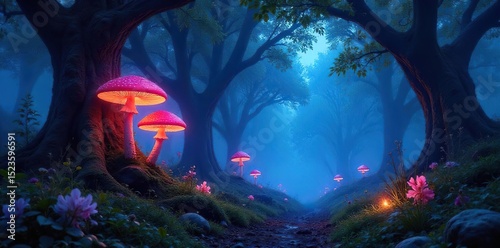 Enchanted forest at twilight, glowing mushrooms illuminate ancient trees, mystical fog drifts through the canopy A scene of ethereal beauty and wonder , dreamlike, serene, calm