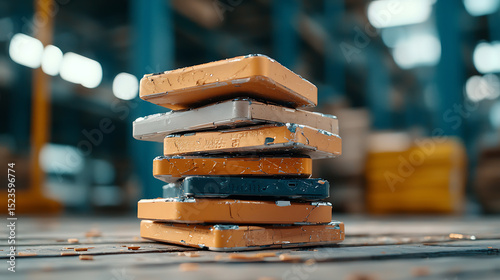 Industrial action stacked metal blocks in a warehouse close-up view manufacturing environment conceptual depth
