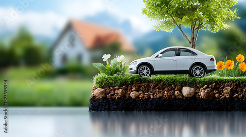 Car model display in nature garden setting miniature photography vibrant environment close-up view automotive concept
