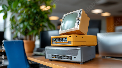 Vintage technology display in modern office retro computers indoor workspace creative environment close-up view