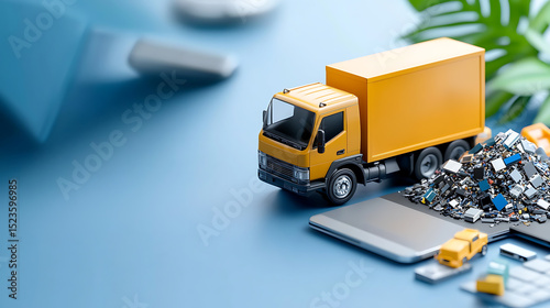 Transportation action with miniature truck among electronic waste indoor environment close-up view technology concept