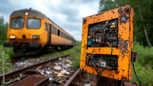 Abandoned train signal box railway tracks photography urban environment close-up view decaying infrastructure