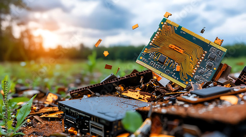 Action of technology e-waste nature landscape digital devices environmental impact wide view sustainability concept