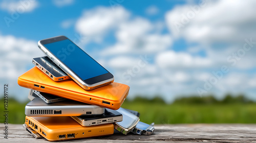 Mobile devices stacked on table in open field photography nature bright sky captured from above
