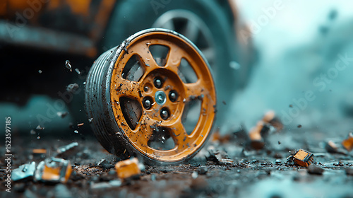 Spinning wheel action in abandoned location high-detail content gritty environment close-up viewpoint dynamic concept