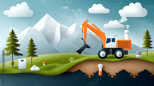 Excavator digging soil in mountain landscape graphic illustration nature scene digital art
