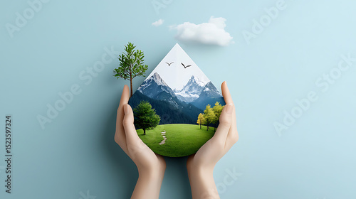Sustainable nature conservation effort mountain landscape digital art serene environment close-up eco-friendly concept