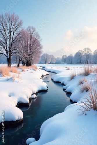 Serene winter landscape in the countryside Snow-covered fields, frozen creek, distant bare trees under a clear sky Perfect for winter, rural, nature, holiday themes , sky, winter