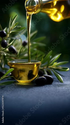 Pouring golden olive oil from a glass bottle into a small bowl amidst olive branches and olives, creating a visually appealing culinary scene