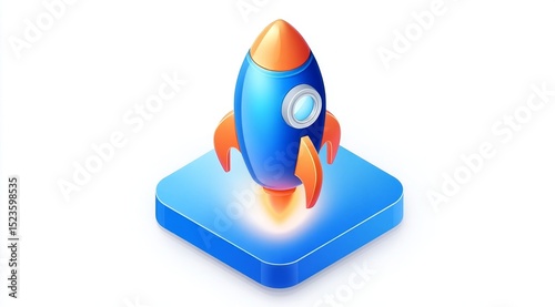 Isometric Illustration of a Blue Rocket on a Launch Pad