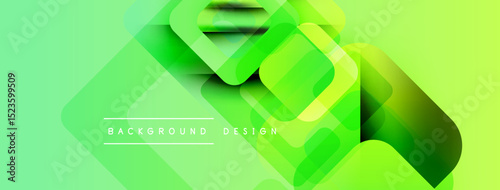 Bright green abstract background. Overlapping squares create dynamic visual effect. Modern design elements present smooth gradients.