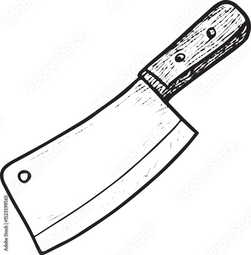 A detailed black-and-white sketch of a sharp butcher knife, with a robust blade and handle, perfect for butcher shop imagery, culinary art, or kitchen tool designs, in a hand-drawn, classic style