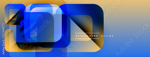 Abstract geometric shapes overlap. Blue, gold gradients create modern design. Minimal text indicates background element.