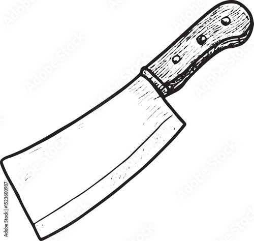A detailed black-and-white sketch of a sharp butcher knife, with a robust blade and handle, perfect for butcher shop imagery, culinary art, or kitchen tool designs, in a hand-drawn, classic style