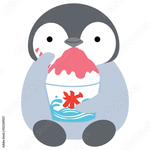 かき氷とストローを持つ笑顔の座っているペンギン　シンプル　かわいい 動物とデザート 　ベクターイラスト