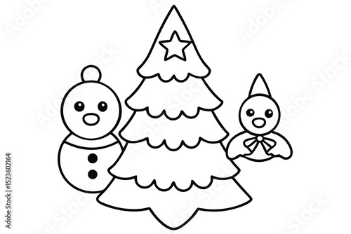 Cute Christmas Tree Snowman and Bird Coloring Page