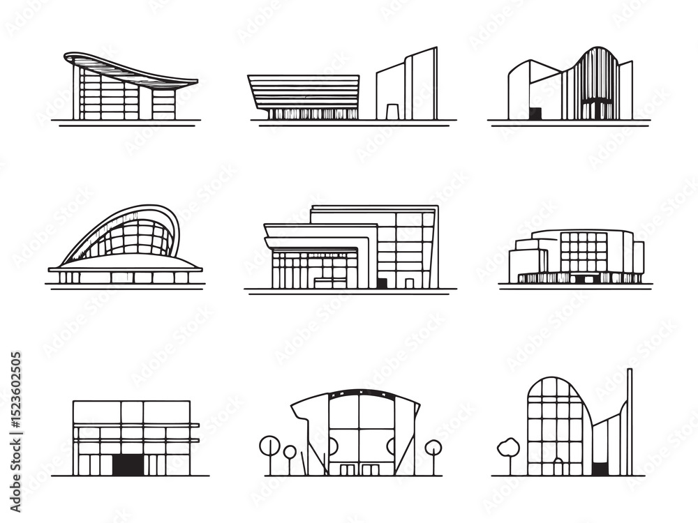 Naklejka premium Concert Hall Minimalist 2D Line Art Set 