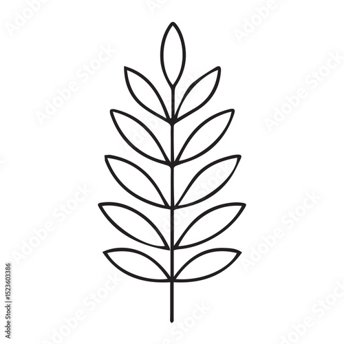 Black and white vector artwork of a leaf, defined by bold black outlines to capture its natural curves, pointed tip, and subtle vein structure.

