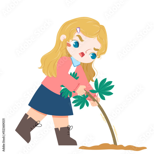 Cute european girl with blue eyes is pulling up cassava in farmland in harvestmoon