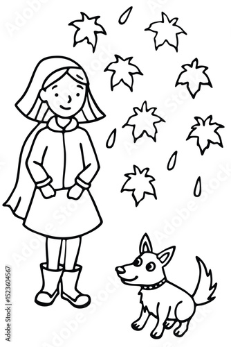 Girl with Dog in Autumn Leaves Coloring Page