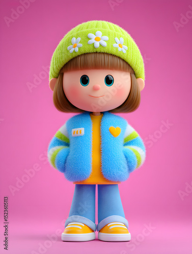 Full body cute girl in spring outfit, Children's Day 3D cartoon render