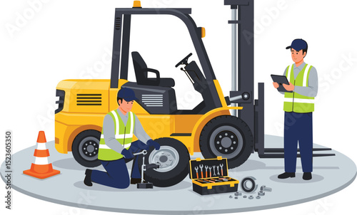 Two industrial technicians repairing a forklift wheel with safety equipment and tools on isolated platform during routine warehouse maintenance