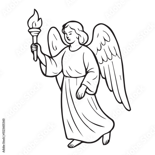 A black and white vector of a winged angel carrying a torch, outlined in bold black lines, symbolizing light, hope, and guidance.