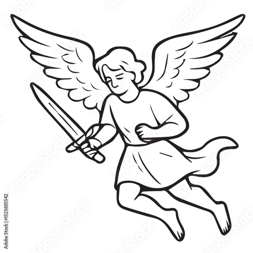 Black and white vector illustration of a winged angel with a sword, using strong black outlines to emphasize spiritual grace, readiness, and protective energy.

