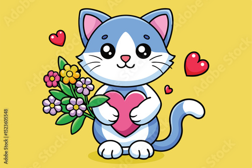 Cute Blue Cat Holding a Heart and Flowers
